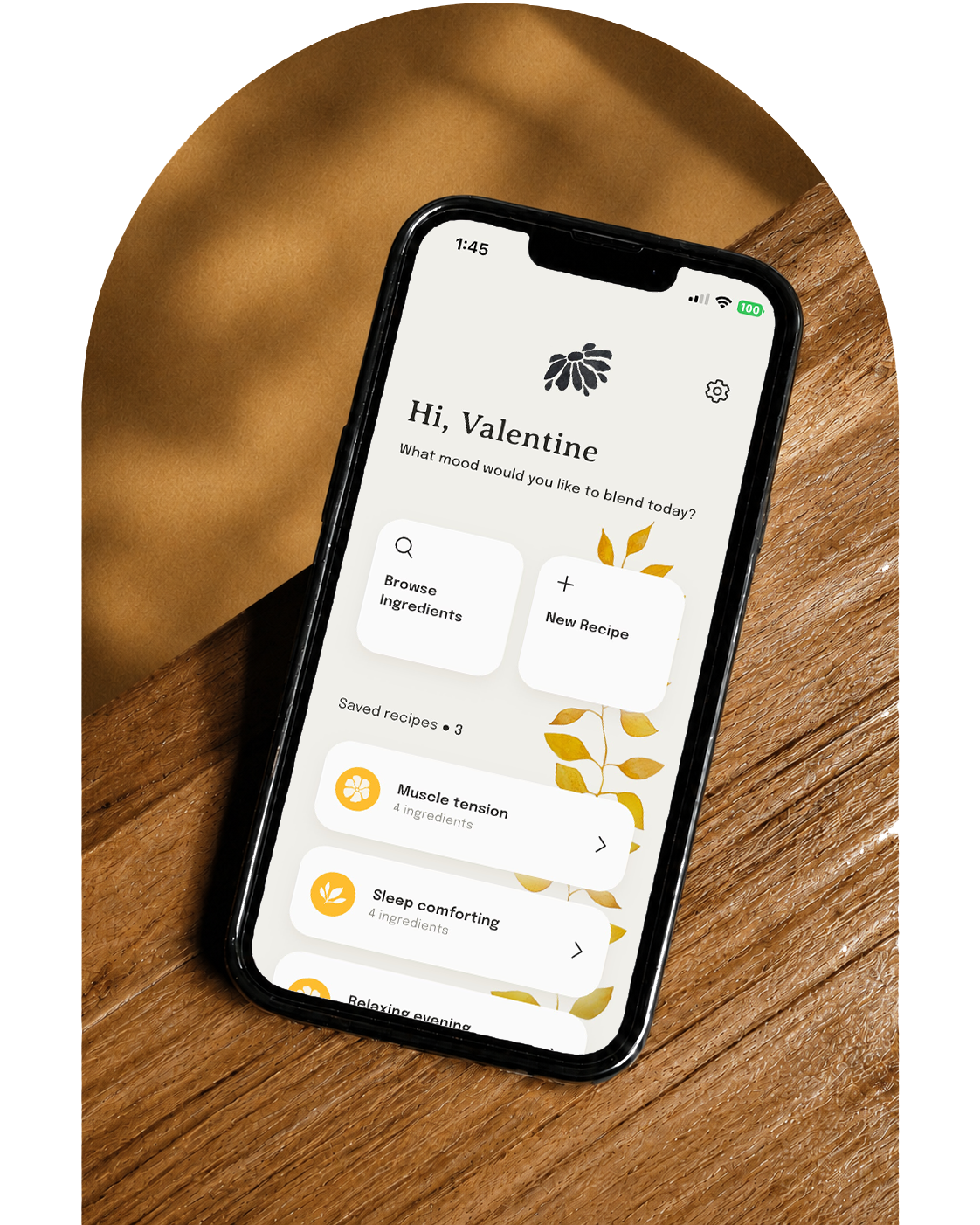Essential Blend open on an iPhone, showing saved blend recipes