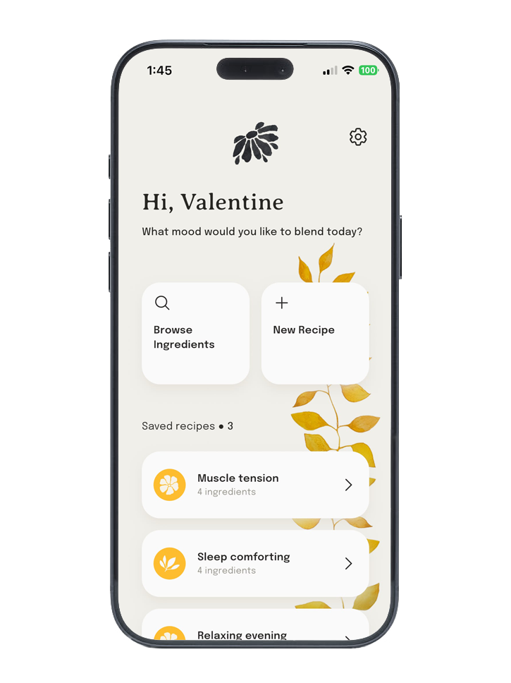 The Essential Blend home screen with saved recipes